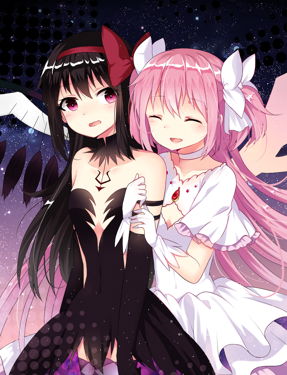 2girls, :d, akemi_homura, akuma_homura, argyle, argyle_legwear, arm_hug, bare_shoulders