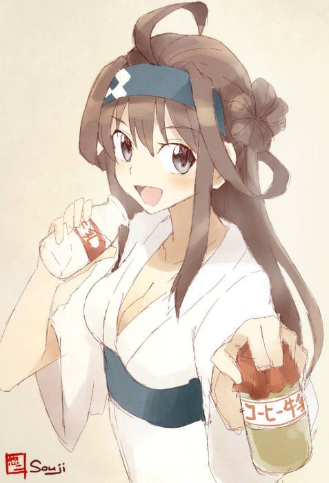 1girl, ahoge, alternate_costume, blue_eyes, bottle, brown_hair, coffee_milk, hair_bun