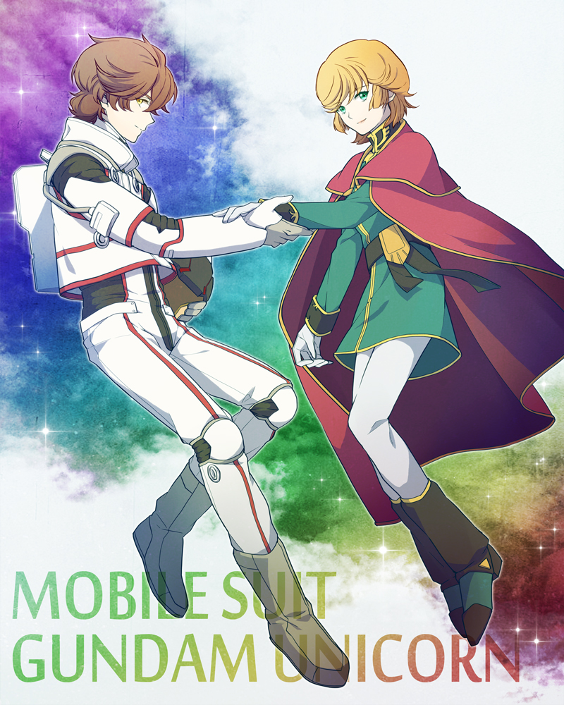 1boy, 1girl, audrey_burne, banagher_links, cape, gundam, gundam_unicorn, holding_hands, lydi_(dd), mineva_lao_zabi, pantyhose, pilot_suit, space