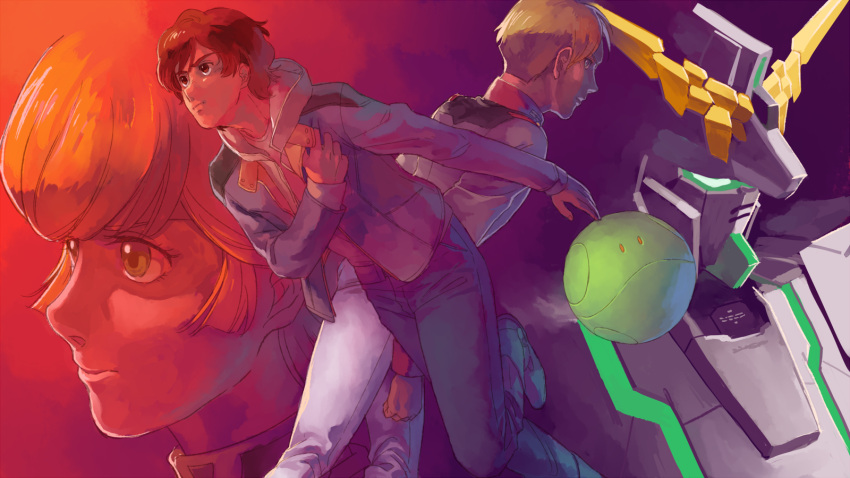 1girl, 2boys, audrey_burne, banagher_links, gundam, gundam_unicorn, haro, hastune, highres, multiple_boys, riddhe_marcenas, unicorn_gundam