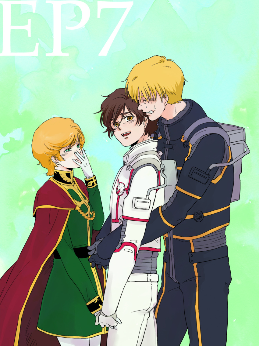 1girl, 2boys, audrey_burne, banagher_links, blonde_hair, brown_hair, cape, crying