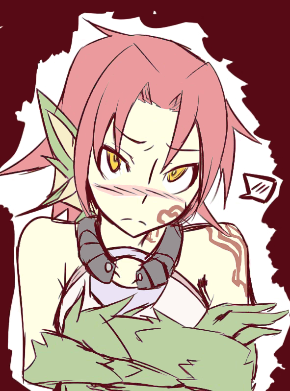 1girl, bangs, bare_shoulders, blush, bust, crossed_arms, dragon_girl, facial_tattoo