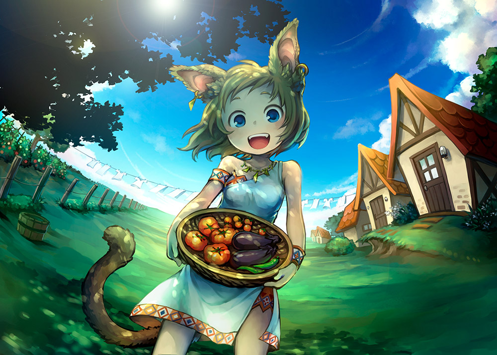 1girl, :d, animal_ears, armband, bare_shoulders, basket, blonde_hair, blue_eyes