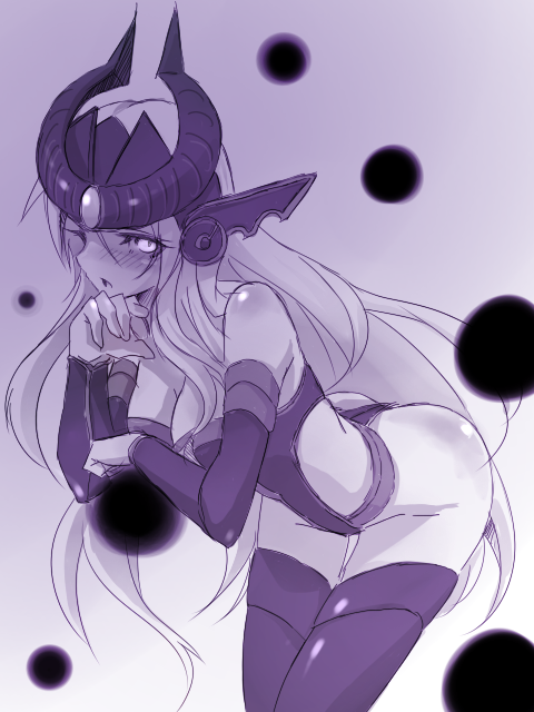 1girl, blush, breasts, league_of_legends, long_hair, mori_shin_risuku, solo, syndra, thigh-highs
