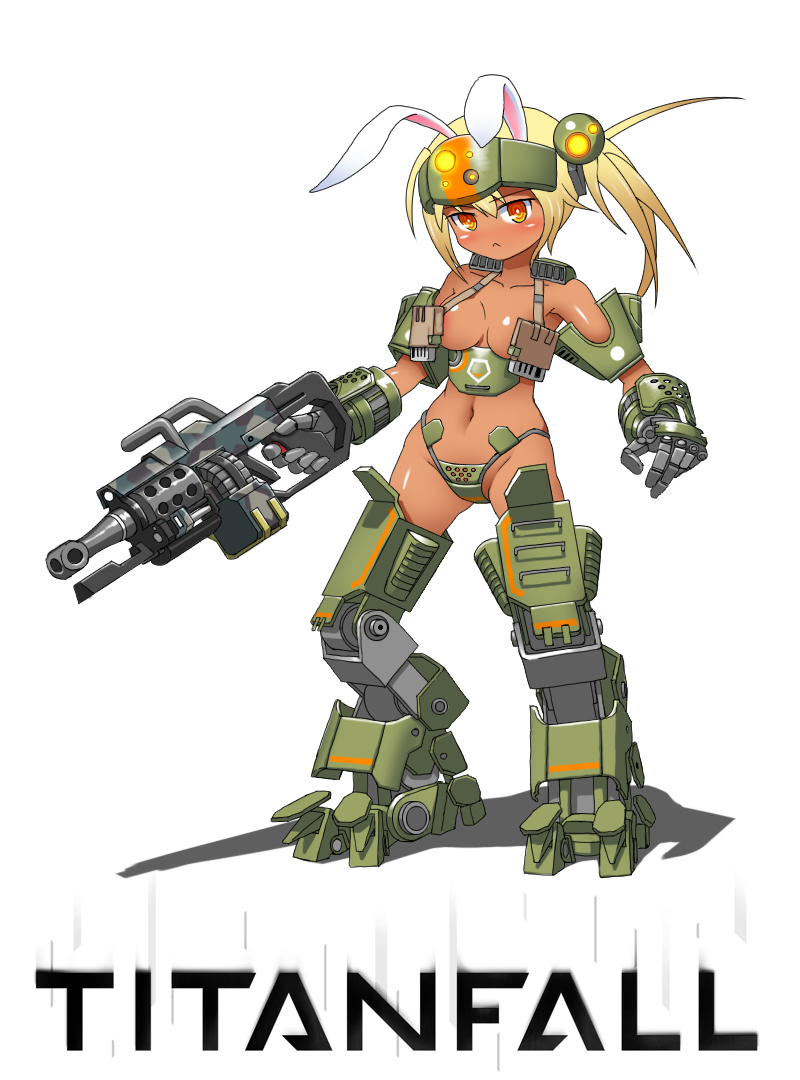 1girl, animal_ears, assault_rifle, atlas_(titanfall), blonde_hair, dark_skin, gauntlets, geworin, gun, mecha_musume, rabbit_ears, rifle, small_breasts, solo, titanfall, weapon