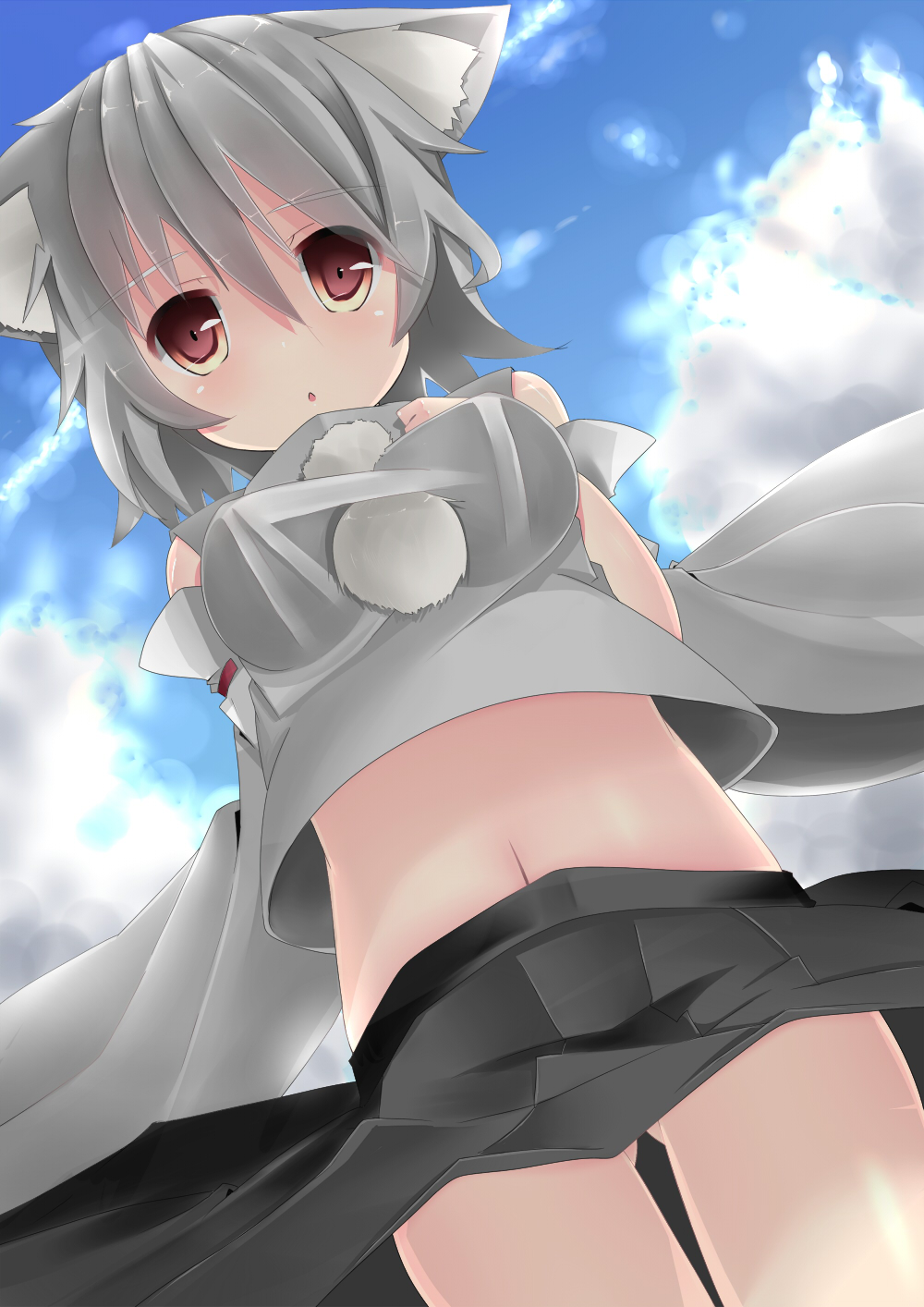 1girl, animal_ears, arm_behind_back, breasts, brown_eyes, chestnut_mouth, clouds, grey_hair