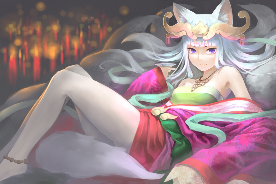 1girl, animal_ears, anklet, bare_shoulders, barefoot, floral_print, fox_ears, fox_tail