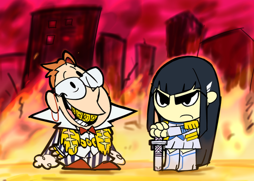 1boy, 1girl, black_hair, boots, dress, eyebrows, glasses, gold_teeth