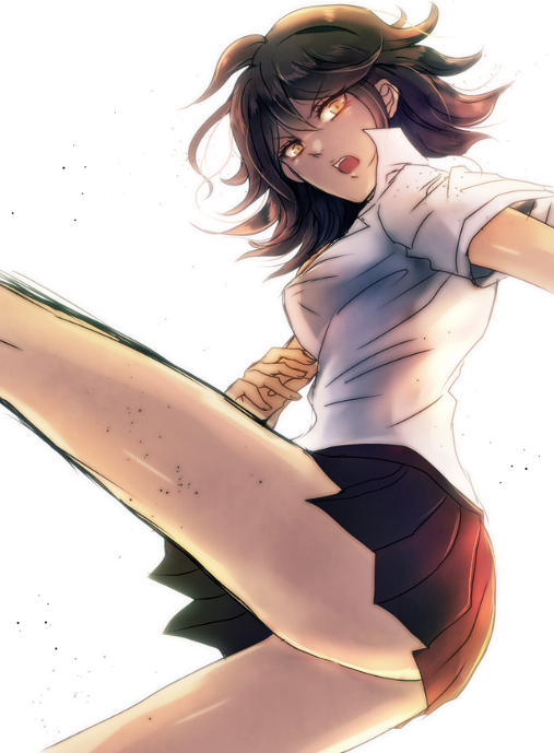 1girl, breasts, brown_eyes, brown_hair, dangan_ronpa, dark_skin, kicking, miniskirt