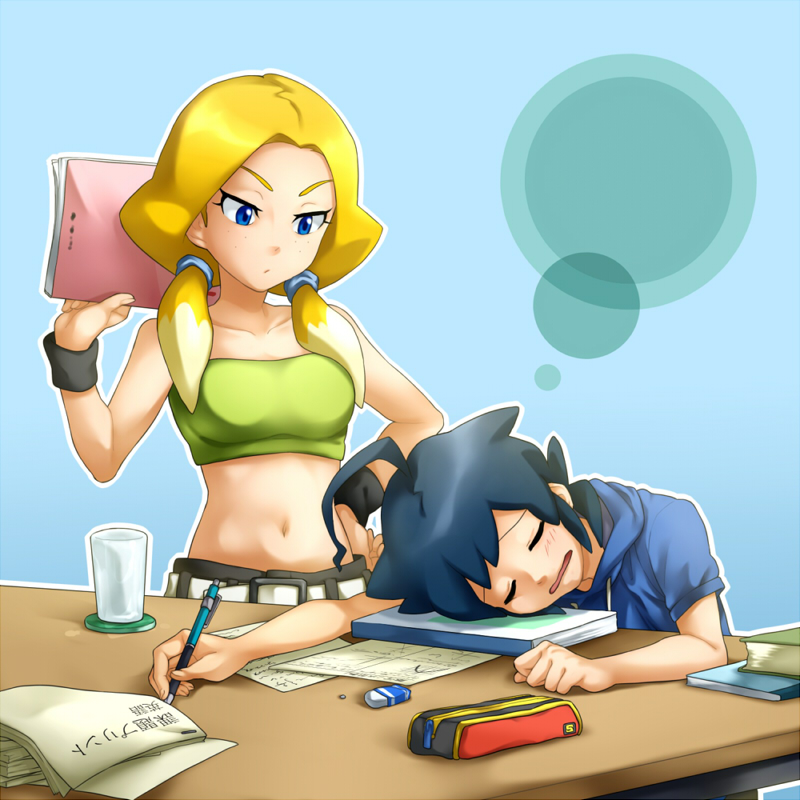 1boy, 1girl, ahoge, blonde_hair, blue_eyes, blue_hair, danball_senki, danball_senki_w