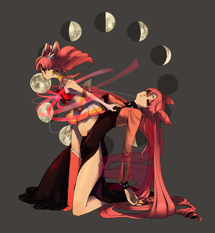 2girls, bishoujo_senshi_sailor_moon, black_dress, black_lady, boots, bow, breast_grab, chibi_usa