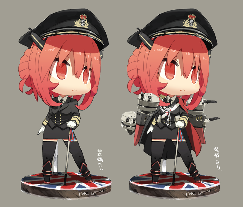1girl, :<, bangs, blunt_bangs, cane, faux_figurine, hat, hms_orion, hms_orion_(siirakannu), kantai_collection, military, military_uniform, nendoroid, original, peaked_cap, red_eyes, redhead, siirakannu, solo, thigh-highs, translated, uniform, union_jack
