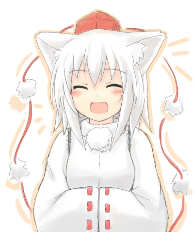 1girl, :d, ^_^, animal_ears, closed_eyes, hands_in_sleeves, hat, inubashiri_momiji