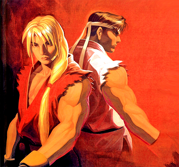 2boys, 90s, alternate_hair_length, alternate_hairstyle, back-to-back, blonde_hair, brown_hair, capcom