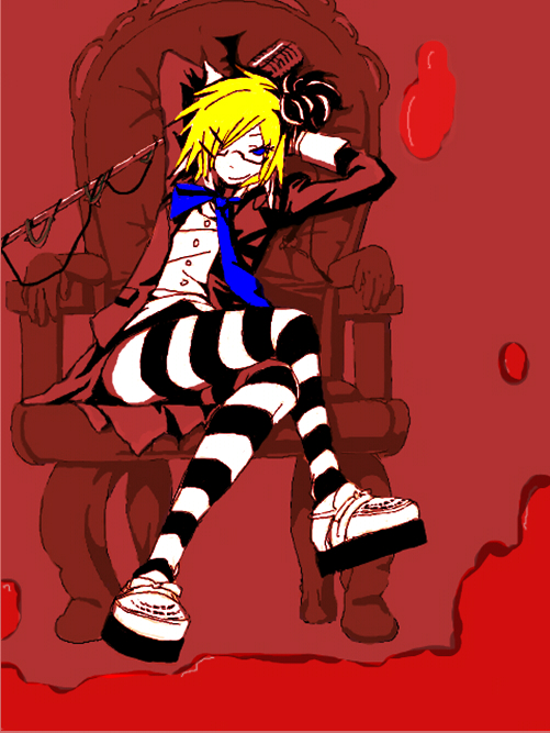 blonde_hair, blue_eyes, crossed_legs, glare_(vocaloid), glasses, hair_ribbon, kagamine_rin, microphone, microphone_stand, ribbon, short_hair, sitting, skirt, solo, striped, striped_legwear, striped_thighhighs, thigh-highs, thighhighs, throne, vocaloid
