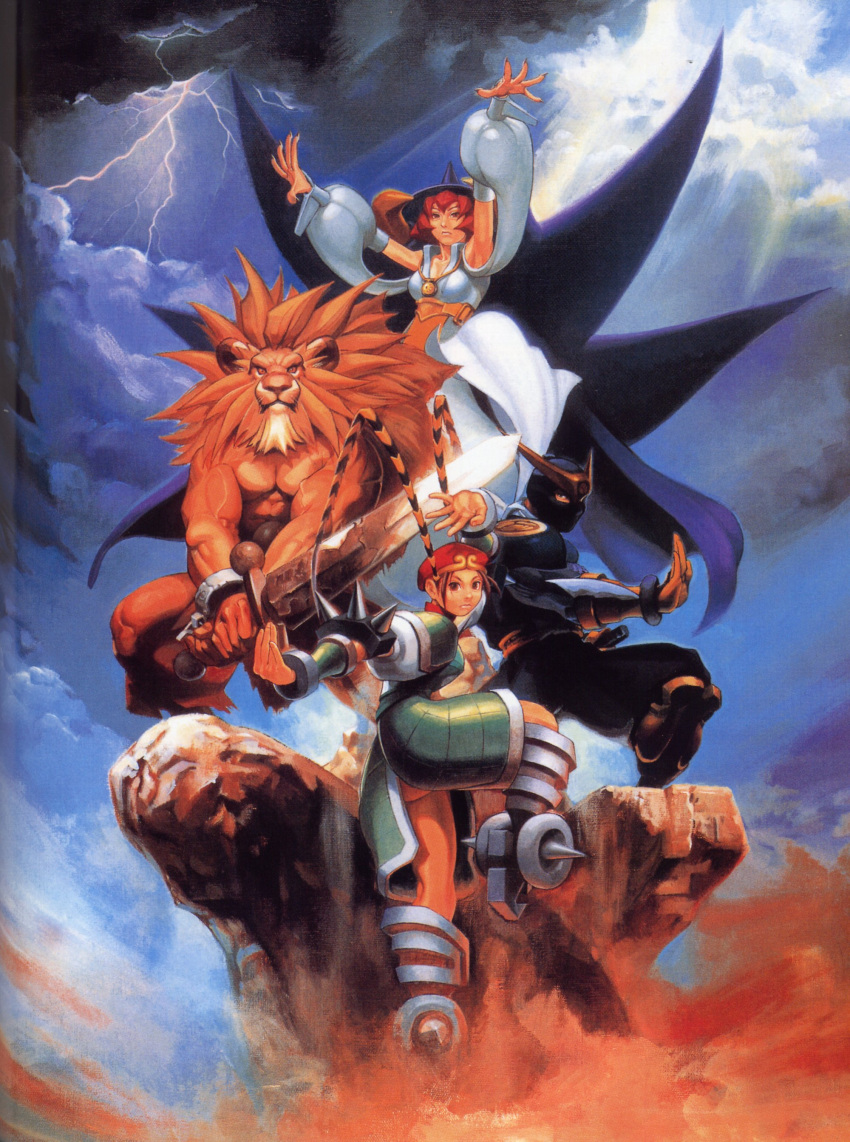 2boys, 2girls, 90s, absurdres, animal_ears, armor, armored_dress, armpits