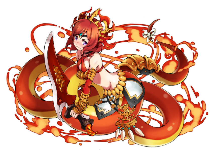 1girl, alternate_costume, blush, breasts, echidna_(p&amp;d), echidna_(p&amp;d)_(cosplay), embarrassed, fire, hair_ornament, highres, lamia, looking_at_viewer, love_live!_school_idol_project, monster_girl, nanda_rone, nishikino_maki, puzzle_&amp;_dragons, redhead, short_hair, simple_background, solo, tiara, violet_eyes, wavy_mouth, white_background