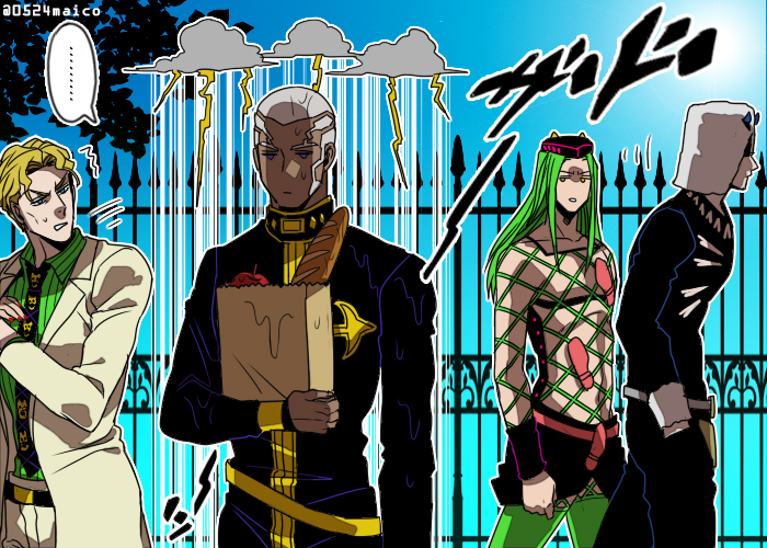 4boys, cloud_over_head, clouds, dark_skin, enrico_pucci, groceries, jojo_no_kimyou_na_bouken, kira_yoshikage