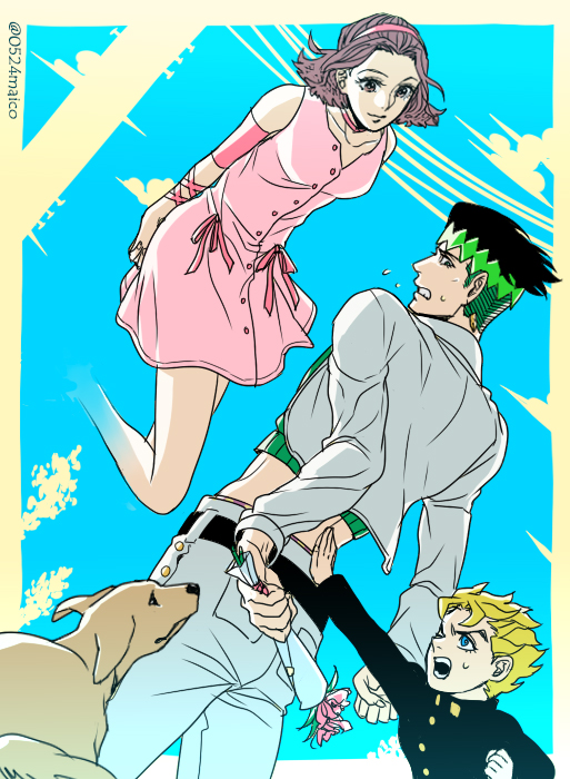 1girl, 2boys, arnold_(jojo), blonde_hair, brown_hair, dog, dress, flower