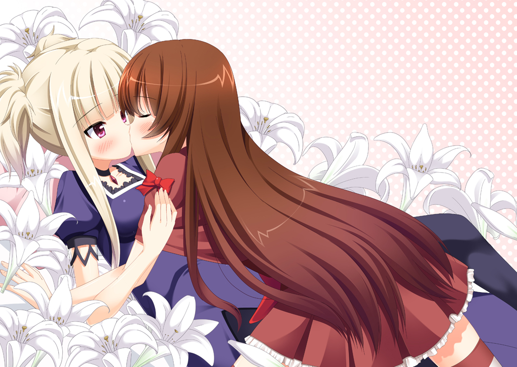 2girls, aoki_hagane_no_arpeggio, arpeggio_of_blue_steel, blonde_hair, blush, brown_hair, closed_eyes, dress