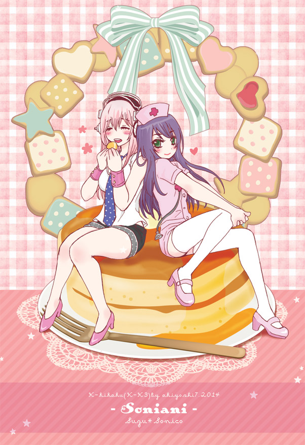 2girls, akiyoshi7, black_hair, blush, breasts, cake, closed_eyes, eating, food, fujimi_suzu, green_eyes, hat, headphones, large_breasts, long_hair, macaron, multiple_girls, nitroplus, nurse, nurse_cap, open_mouth, pink_hair, smile, stethoscope, super_sonico, thigh-highs