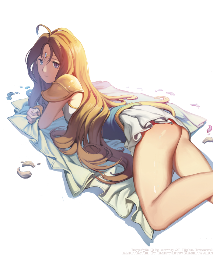 1girl, angel_lily, ass, blue_eyes, brown_hair, caesty, circlet, forehead_jewel