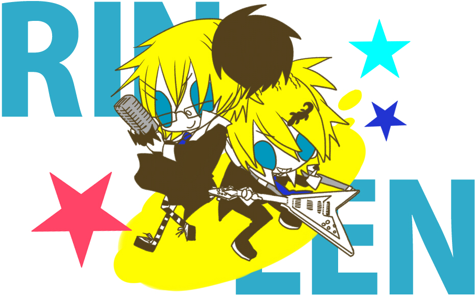 blue_eyes, brother_and_sister, flying_v, glare_(vocaloid), guitar, instrument, kagamine_len, kagamine_rin