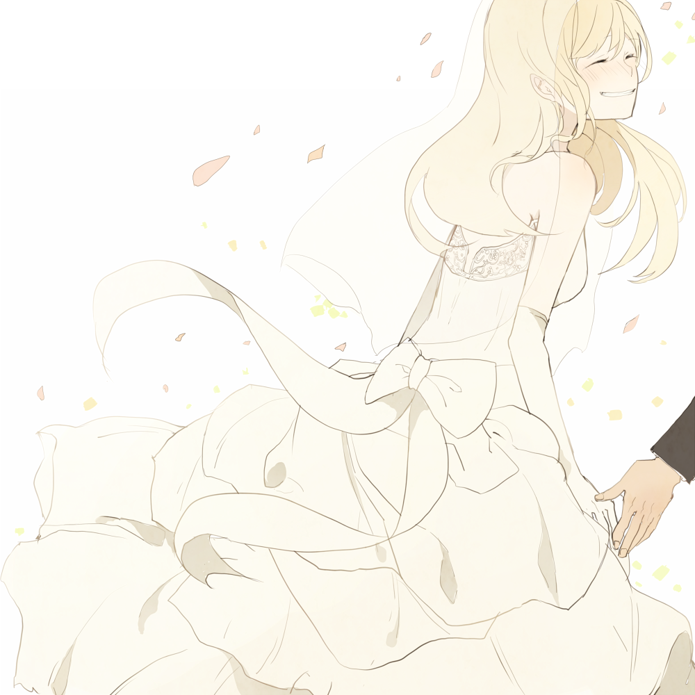 1boy, 1girl, bare_shoulders, blonde_hair, bridal_veil, bride, c4991, dress