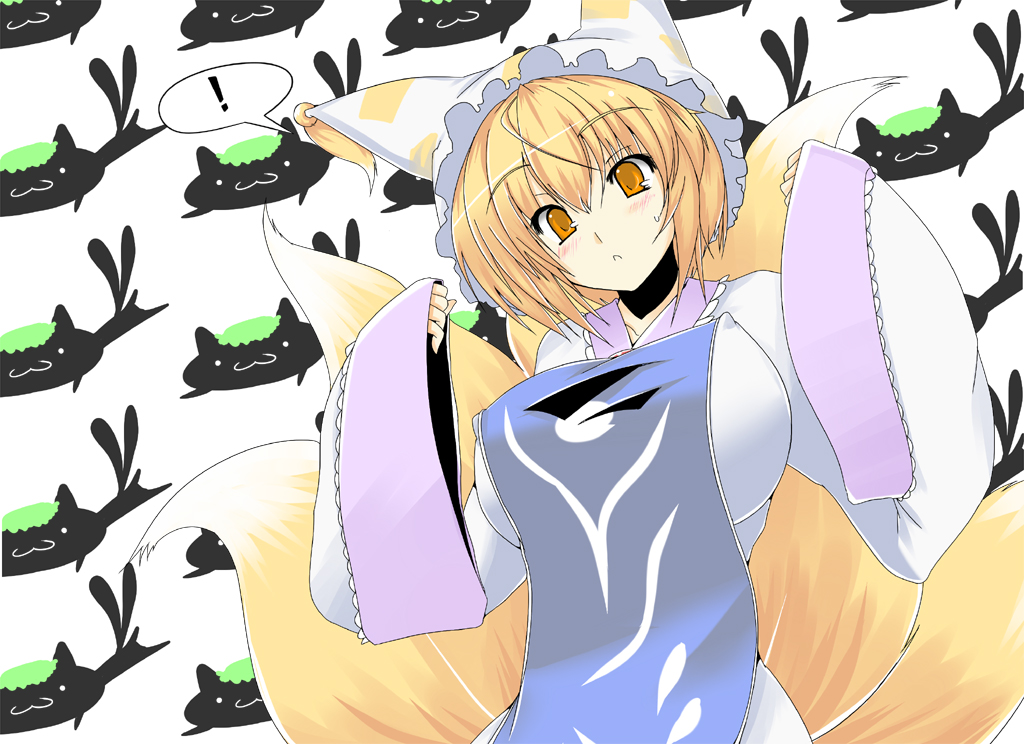:3, blonde_hair, breasts, cat, chen, chen_(cat), erect_nipples, fox_tail, hat, huge_breasts, long_sleeves, multiple_tails, short_hair, shoushinmono, solo, tail, taut_shirt, touhou, yakumo_ran, yellow_eyes