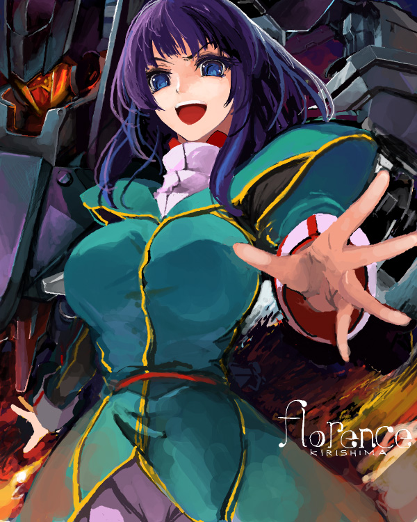 breasts, flag_custom, florence_kirishima, foreshortening, gundam, gundam_00, hands, large_breasts, mecha, multicolored_hair, open_mouth, pupps, sd_gundam, sd_gundam_g-generation, smile, solo, uniform