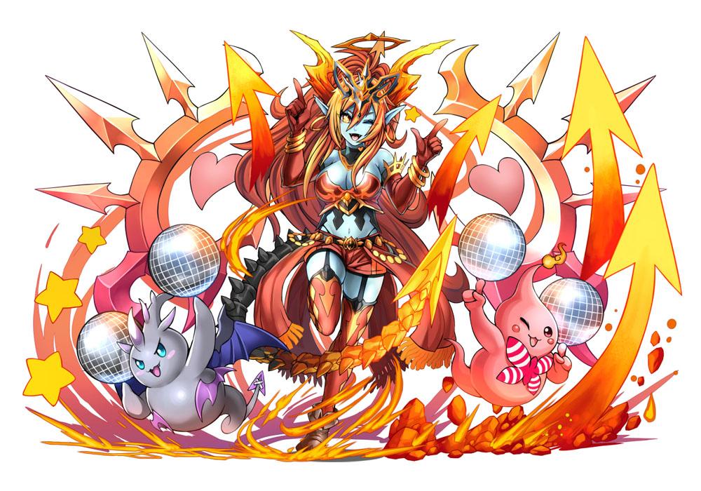 1girl, bare_shoulders, blue_skirt, breasts, devilit, disco_ball, garter_straps, headdress, heart, hera-ur_(p&amp;d), hera_(p&amp;d), large_breasts, long_hair, official_art, one_eye_closed, open_mouth, pointy_ears, puzzle_&amp;_dragons, red_legwear, redhead, rubylit, skirt, smile, solo, tail, thigh-highs, wings, yellow_eyes