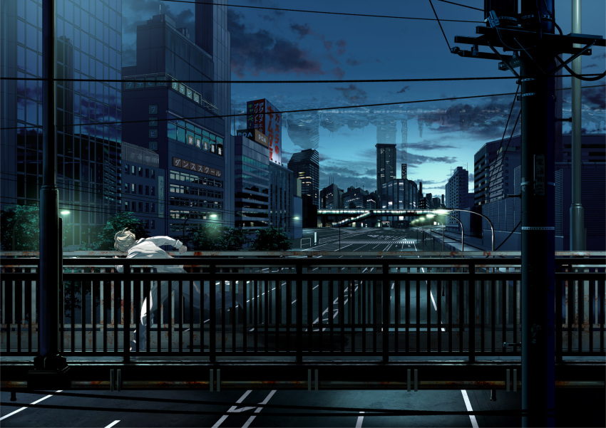1boy, building, city, highres, kurono_kuro, original, overpass, power_lines, road, running, rust, scenery, street, upside-down, urban, white_hair