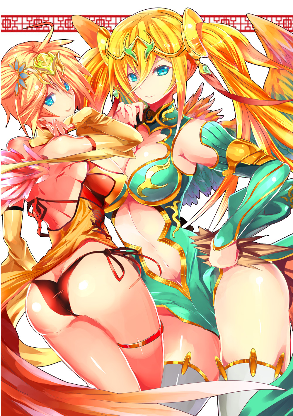 2girls, ass, blonde_hair, blue_eyes, breasts, chinese_clothes, detached_sleeves, dual_persona