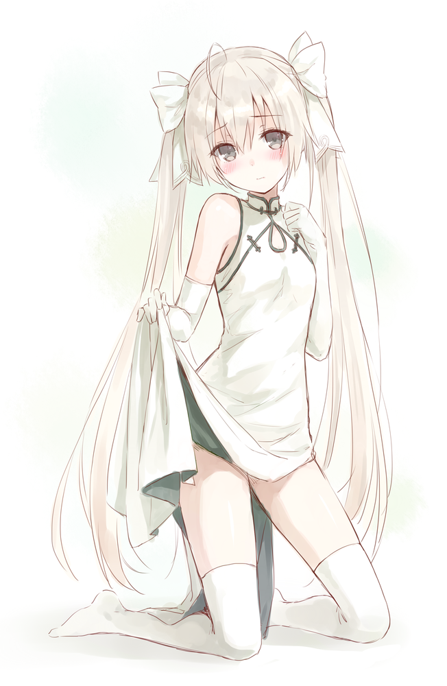1girl, blush, bow, brown_eyes, china_dress, chinese_clothes, dress, dress_lift