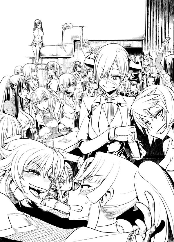 6+girls, absolutely_everyone, akiyama_rinko, anemone_(taimanin_asagi), arca-steel, bartender, bowtie, cat