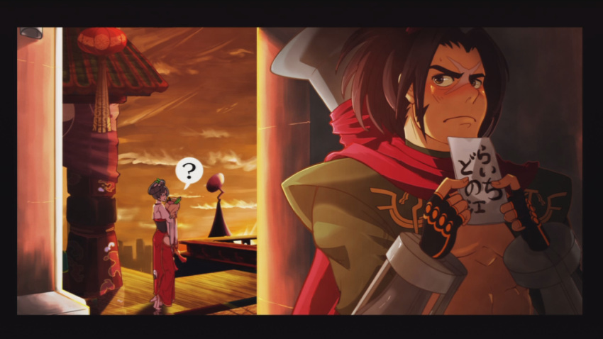 blazblue, blush, hiding, litchi_faye_ling, nail, ninja, scarf, shishigami_bang