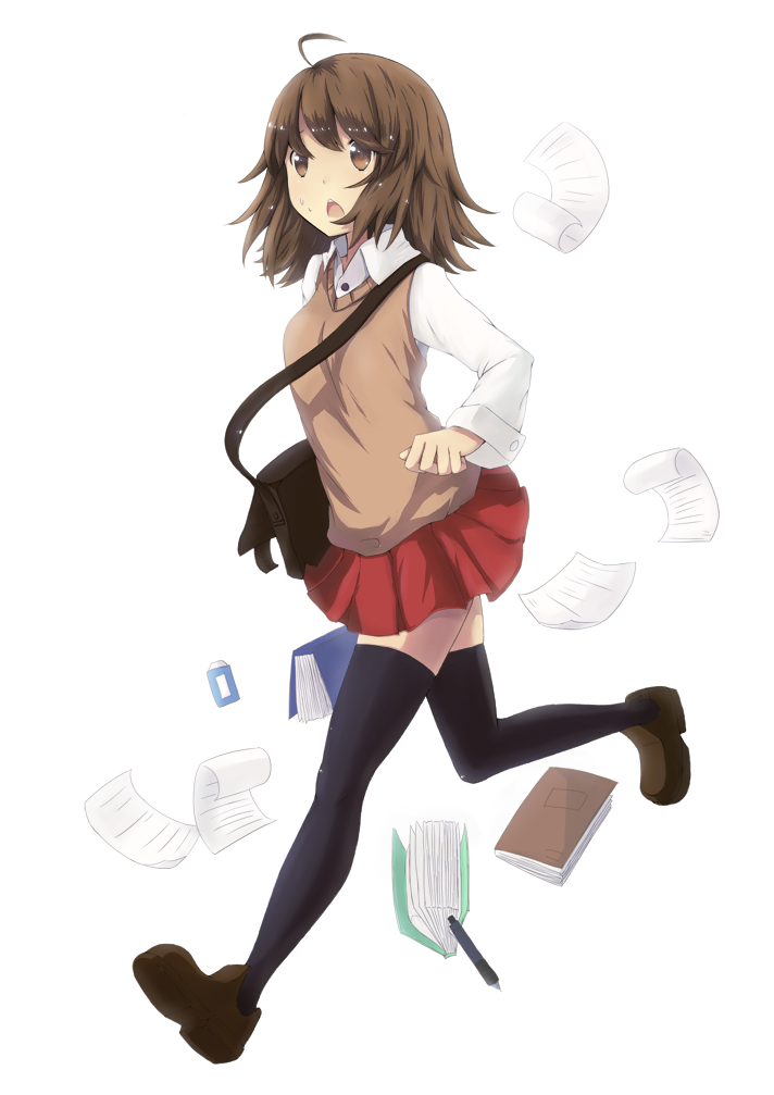 1girl, black_legwear, book, brown_eyes, brown_hair, open_mouth, original, short_hair