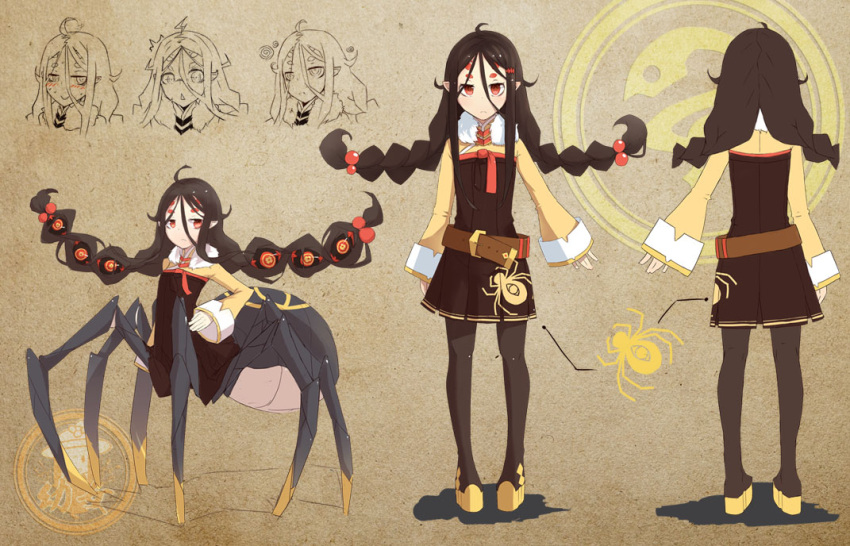 1girl, blush, braid, character_sheet, insect_girl, long_hair, looking_at_viewer, monster_girl