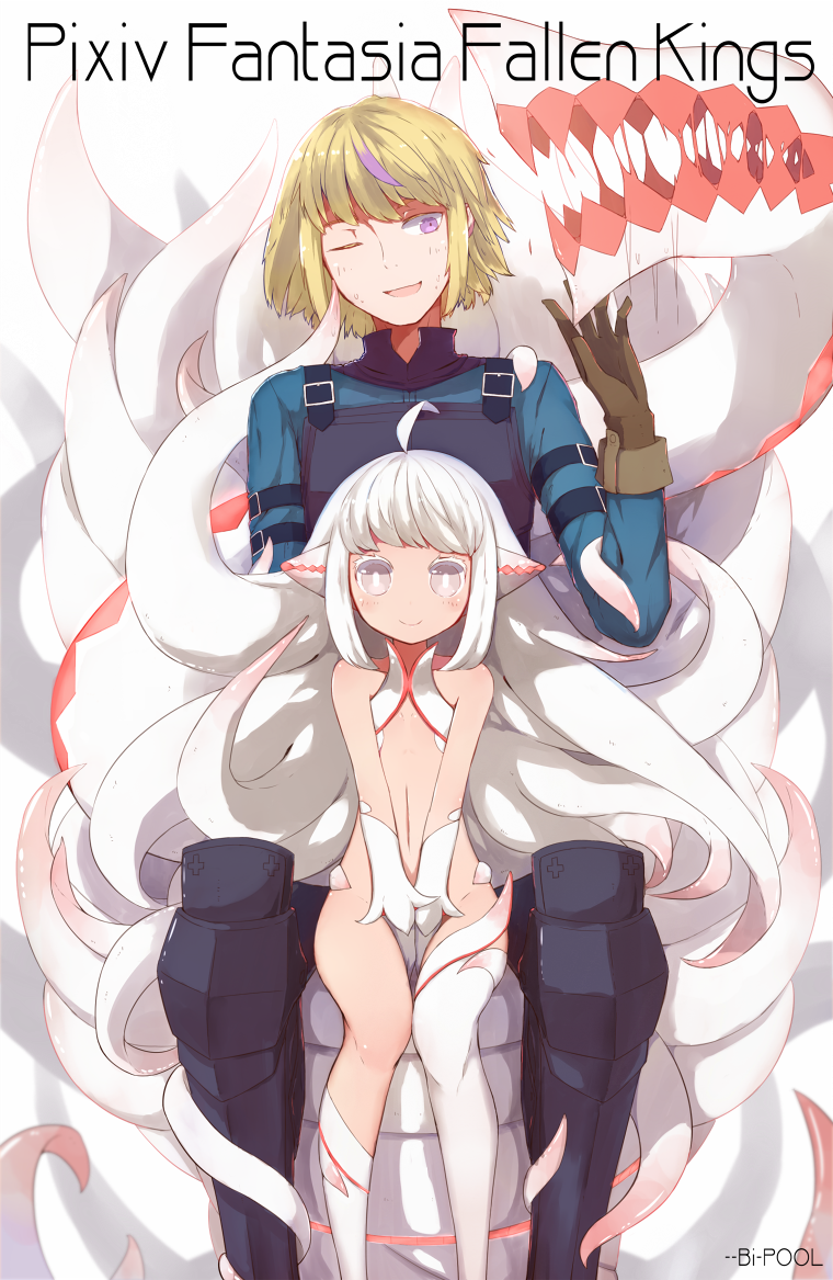 1boy, 1girl, blonde_hair, borrowed_character, copyright_name, flat_chest, haustier_(zhuyan), long_hair, one_eye_closed, oscar_(tianna), pixiv_fantasia, pixiv_fantasia_fallen_kings, short_hair, smile, v_arms, violet_eyes, white_legwear, zhuyan