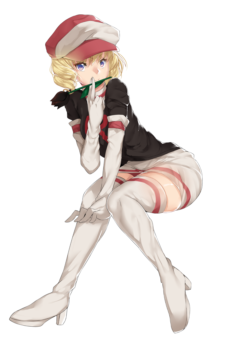 1girl, black_rose, blonde_hair, blue_eyes, boots, clothes_writing, domino_(pokemon), drill_hair