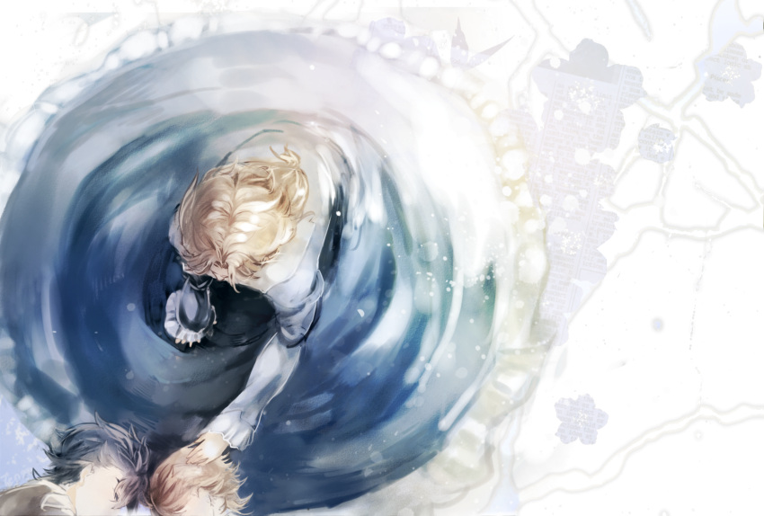 1girl, 2boys, blonde_hair, child, dio_brando, dress, erina_pendleton, from_above