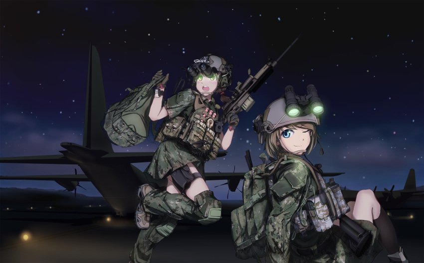 2girls, absurdres, adapted_uniform, airplane, america, assault_rifle, backpack, bag