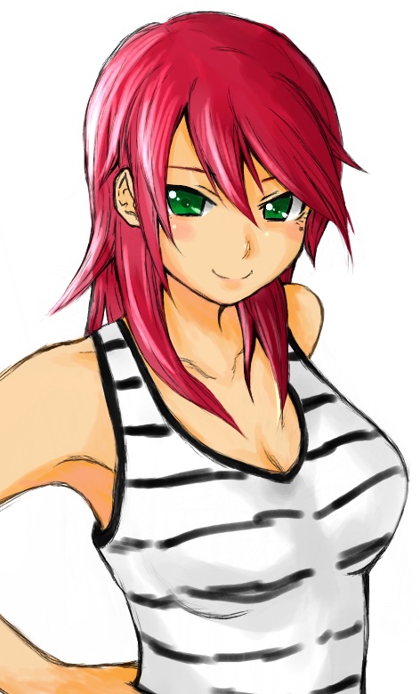 1girl, armpits, blue_eyes, blush, breasts, cleavage, eba_rin, kimi_no_iru_machi