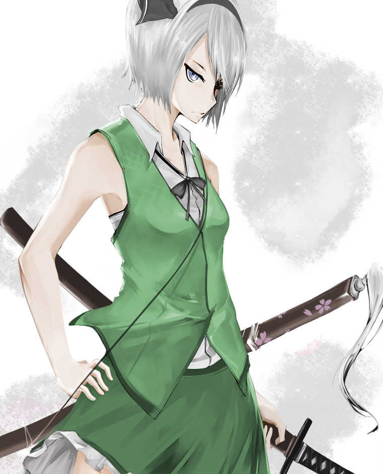 1girl, blue_eyes, fitz_(fita_is_the_smartest), hair_over_one_eye, hairband, hand_on_hilt, hand_on_hip, katana