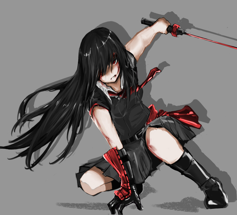 1girl, akame, akame_ga_kill!, belt, black_gloves, black_hair, blood, blood_on_face, boots, fitz_(fita_is_the_smartest), gloves, hair_over_one_eye, injury, katana, long_hair, loose_necktie, necktie, one_knee, red_eyes, single_glove, skirt, small_breasts, solo, sword, vambraces, weapon