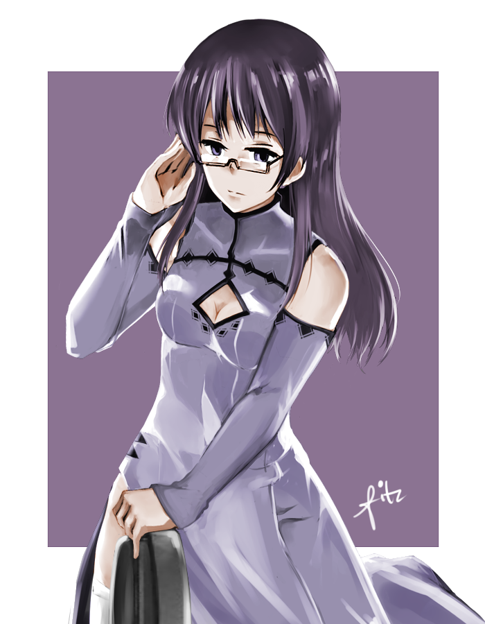 1girl, adjusting_glasses, akame_ga_kill!, bare_shoulders, breasts, cleavage, cleavage_cutout, fitz_(fita_is_the_smartest)