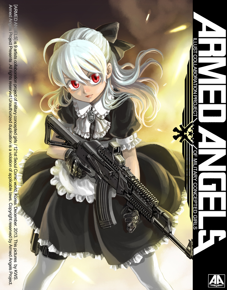 1girl, ak-47, armed_angels, assault_rifle, cover, cover_page, dress, eotech