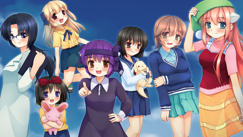 6+girls, :d, arakawa_(elfen_lied), bandaid, black_hair, blonde_hair, blue_eyes, blush