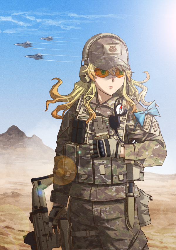 1girl, airplane, alice_(wonderland), assault_rifle, blonde_hair, clouds, combat_knife, commentary