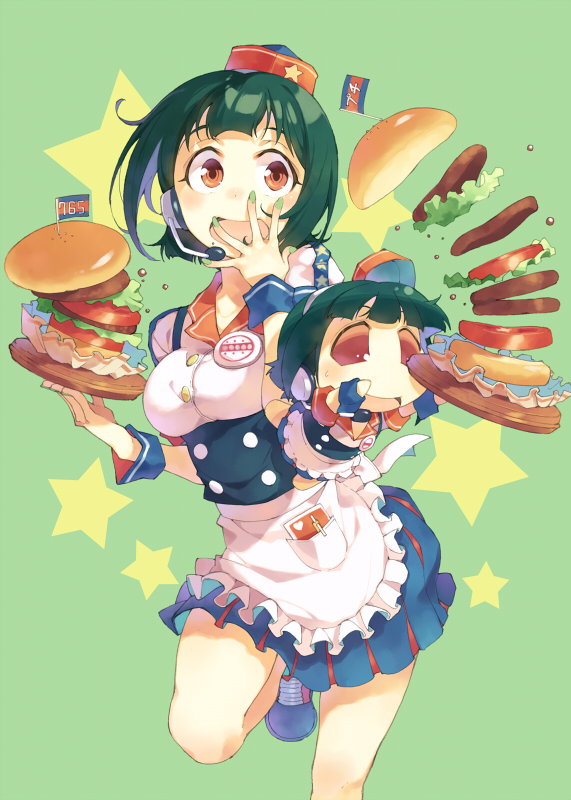 1girl, brown_eyes, burger_skater_(idolmaster), dual_persona, food, green_eyes, green_hair, hamburger
